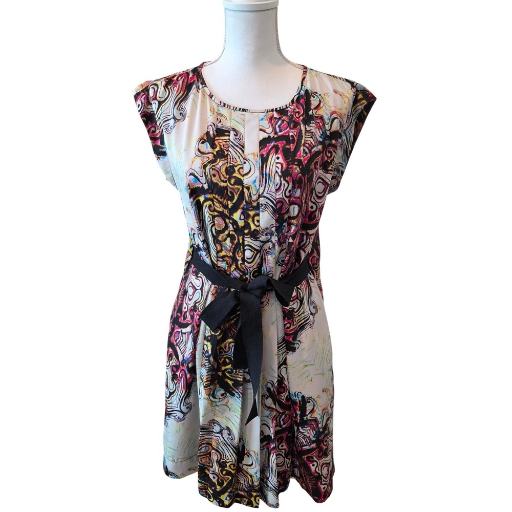 Rachel Rachel Roy Abstract Print Belted Shift Dress Cap Sleeve Multicolor Small